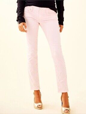 Lilly Pulitzer Baby Pink Beaded Ankle with pearls  Jeans Size 4